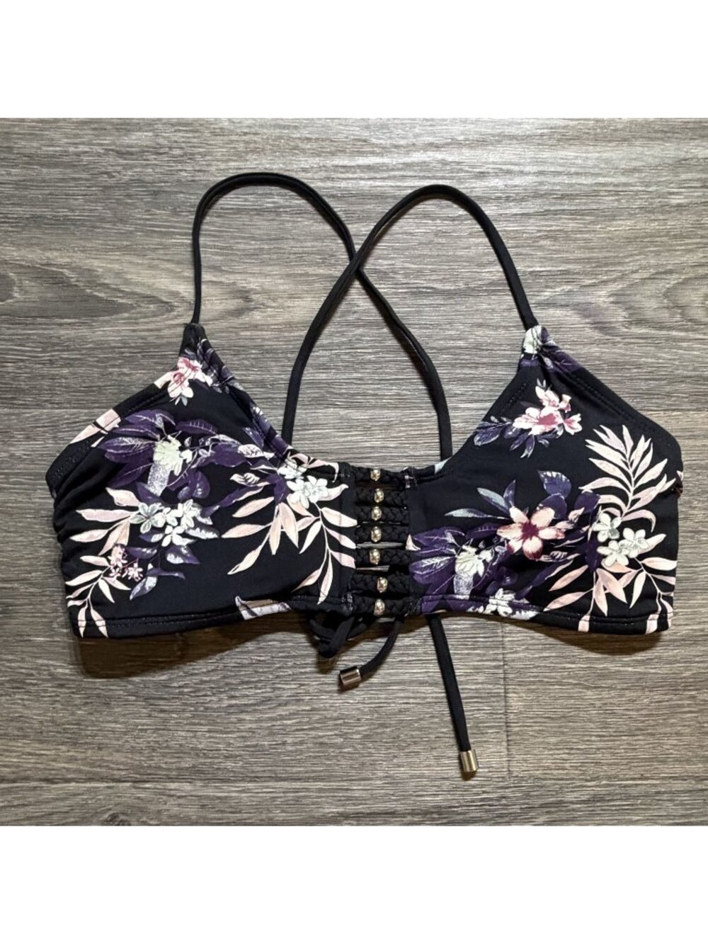 Ambrielle Floral Lace Up Front Bikini Top Medium Black Purple Adjustable Swimwea - Picture 4 of 7